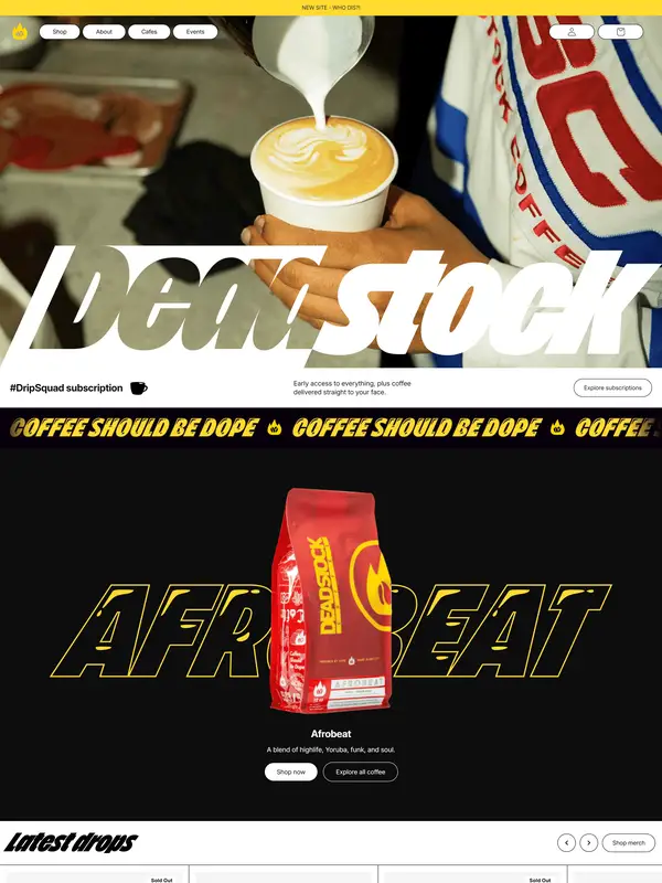 Главная Dead Stock Coffee, тематика — Еда и напитки, цвета — Белый, Черный, Серый, стиль — Брутализм, типографика — Без засечек, Декоративные