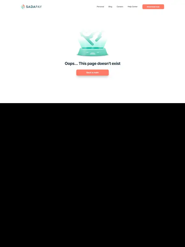 404-страница SadaPay, тематика — Финансы, цвета — Белый, Серый, Розовый, стиль — Минимализм, типографика — Без засечек
