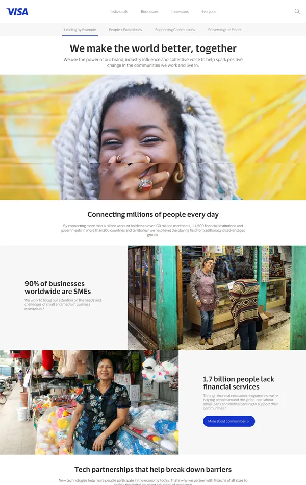 Страница о компании visa, тематика — Финансы, цвета — Белый, Серый, стиль — Корпоративный, типографика — Без засечек