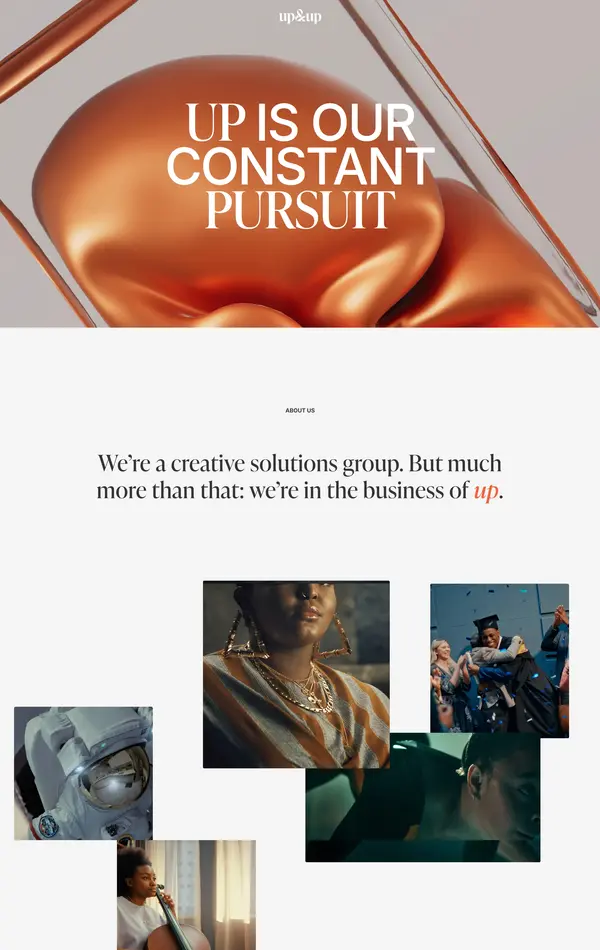 Страница о компании Up&Up Group, тематика — Маркетинг, цвета — Белый, Серый, Оранжевый, Розовый, стиль — Корпоративный, Минимализм, типографика — Без засечек