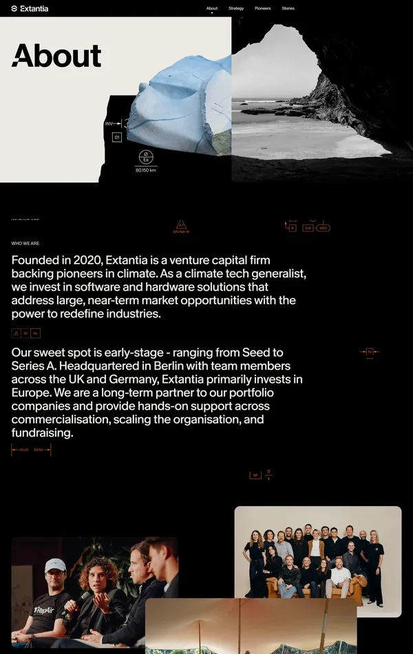 Страница о компании Extantia, тематика — Финансы, цвета — Белый, Черный, Серый, стиль — Корпоративный, Минимализм, типографика — Без засечек