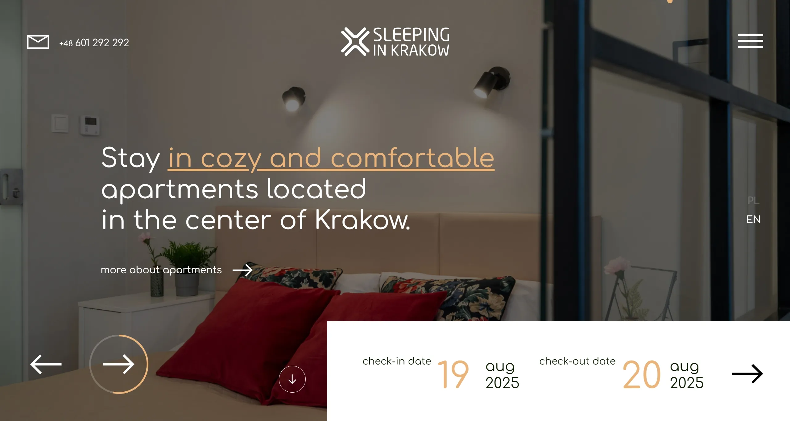 Sleeping In Krakow Секция «Первый экран» с сайта https://sleepinginkrakow.pl/en/, тематика — Размещение, Путешествия и туризм, цвета — Белый, Черный, Серый, Коричневый, стиль — Корпоративный, Минимализм, типографика — Без засечек