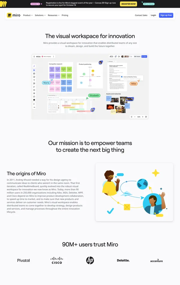 Страница о компании Miro, тематика — IT и программное обеспечение, SaaS, цвета — Белый, стиль — Корпоративный, типографика — Без засечек