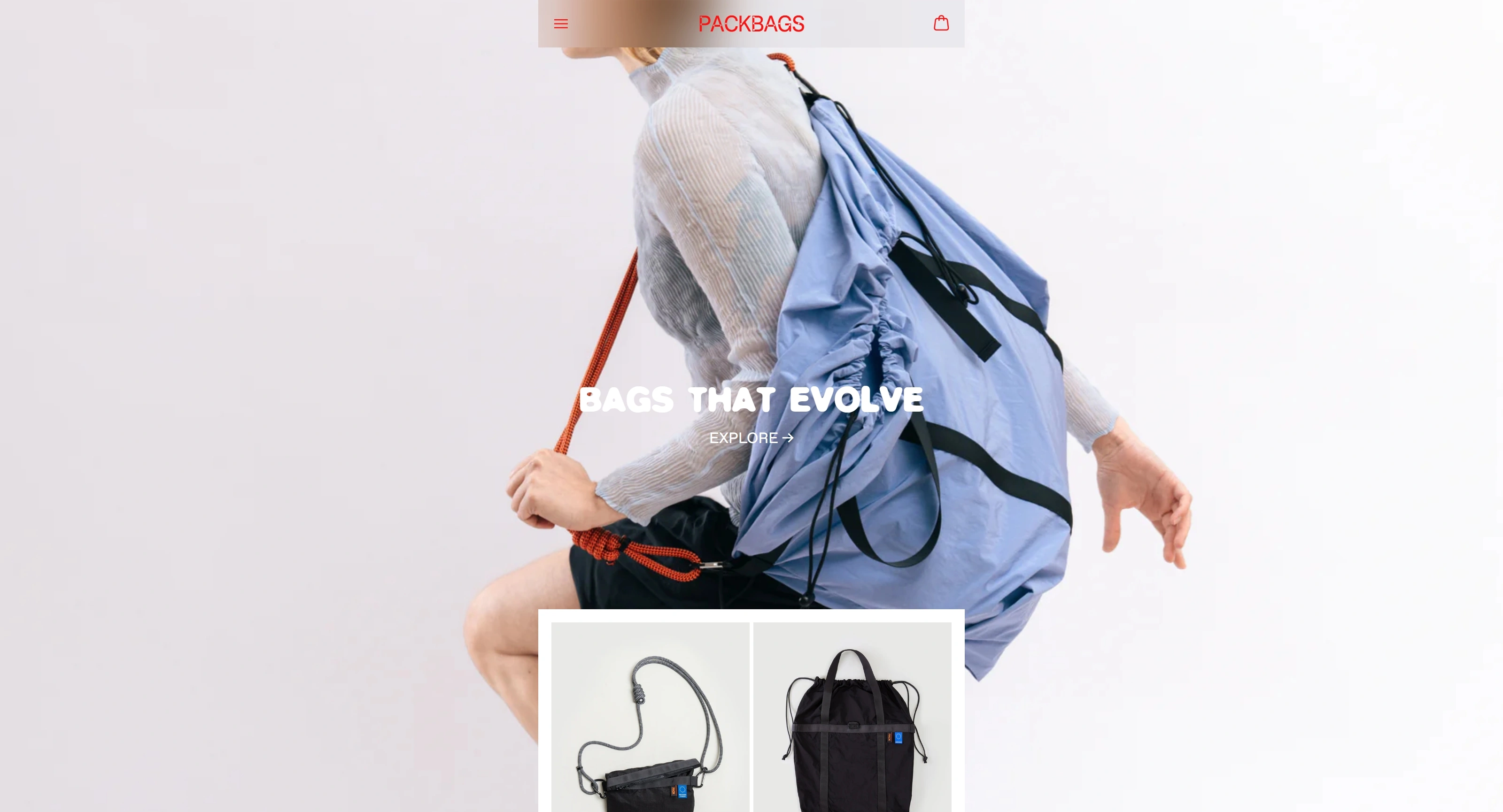 PACK BAGS Секция «Первый экран» с сайта https://packbags.nl/, тематика — Интернет-магазин, цвета — Белый, Серый, стиль — Минимализм, типографика — Декоративные