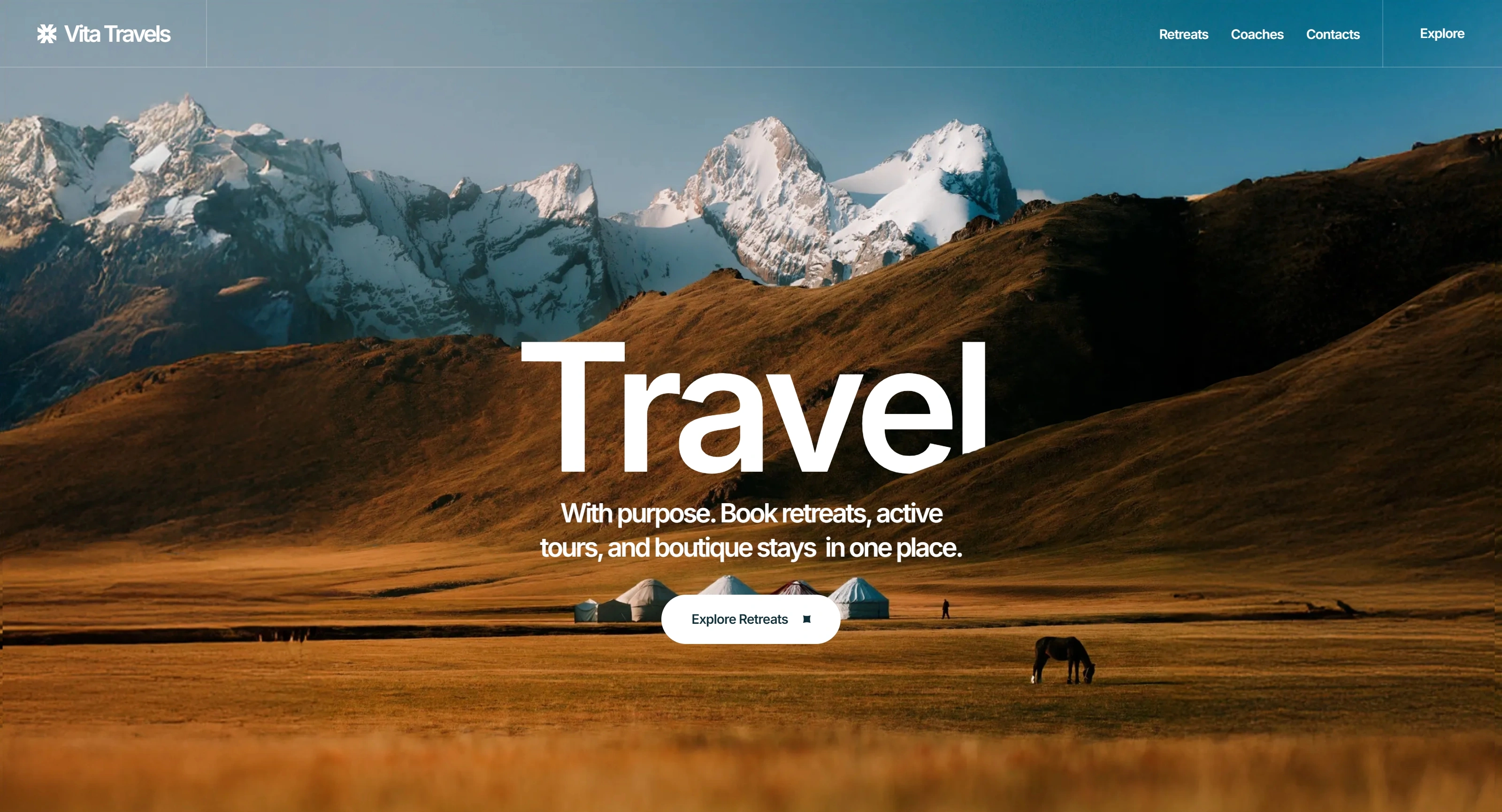 Vita Travel Секция «Первый экран» с сайта https://vita-travel.webflow.io/, тематика — Путешествия и туризм, цвета — Черный, Серый, Коричневый, стиль — Минимализм, Органический и природный, типографика — Без засечек