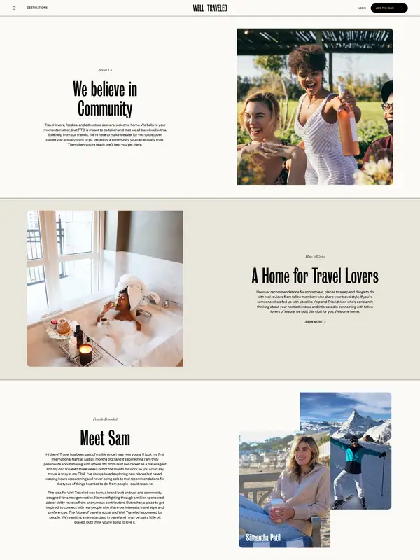 Страница о компании Well Traveled, тематика — Путешествия и туризм, цвета — Белый, Черный, Серый, стиль — Минимализм, типографика — Без засечек