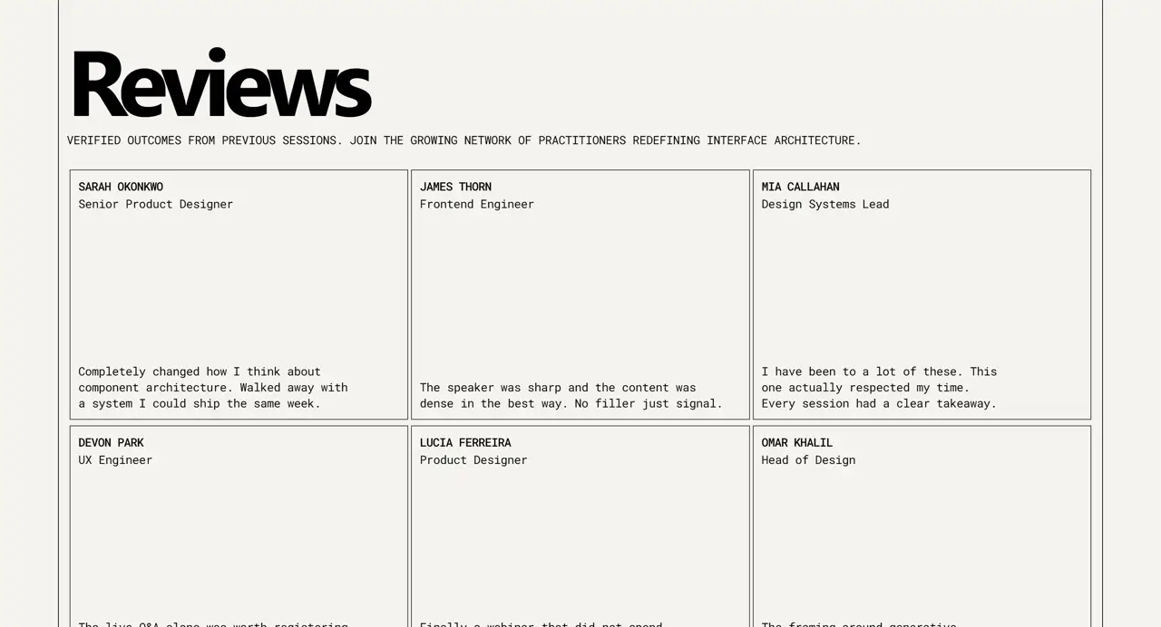 Секция «Отзывы» с сайта https://webinarist.framer.website/, тематика — SaaS, цвета — Белый, стиль — Карточный, Минимализм, Брутализм, типографика — Моноширинные