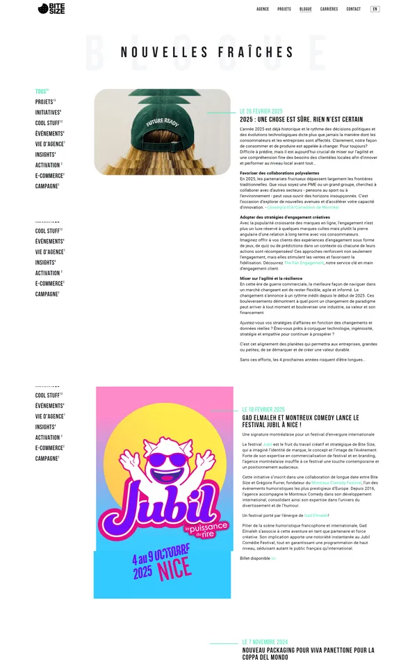 Новости Bite Sizeinc, тематика — Агентство , цвета — Белый, стиль — Корпоративный, Фестивальный, типографика — Без засечек