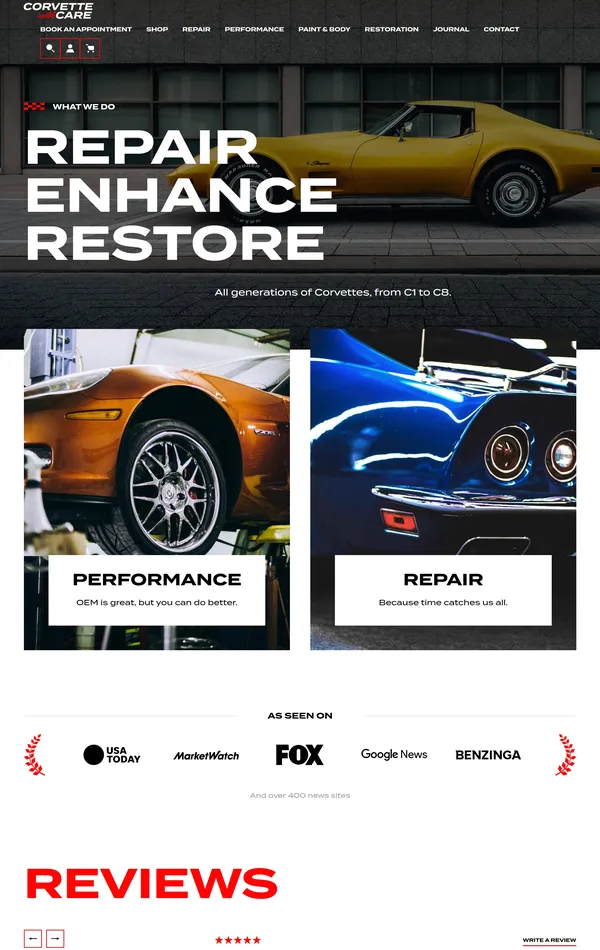 Главная Corvette Care, тематика — Розничная торговля, Бизнес и профессиональные услуги, цвета — Белый, Черный, Серый, стиль — Корпоративный, типографика — Без засечек