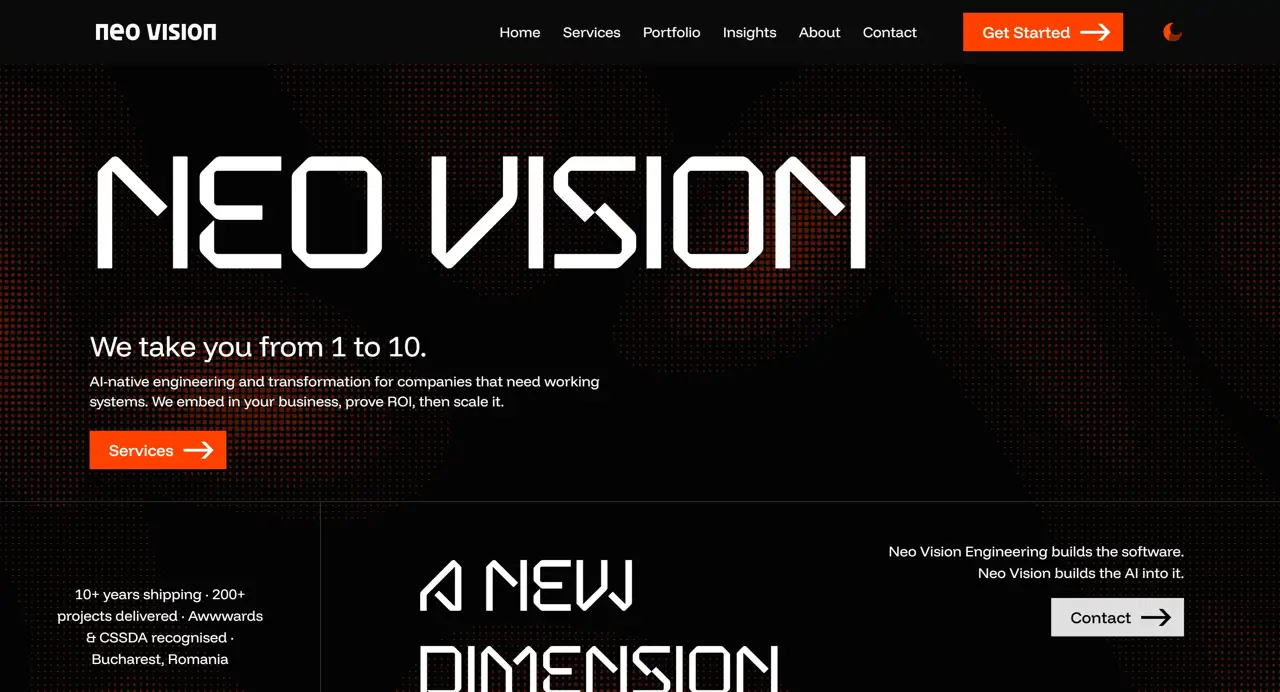 Секция «Первый экран» с сайта https://neovision.dev/, тематика — IT и программное обеспечение, цвета — Черный, стиль — Корпоративный, Минимализм, типографика — Без засечек, Декоративные
