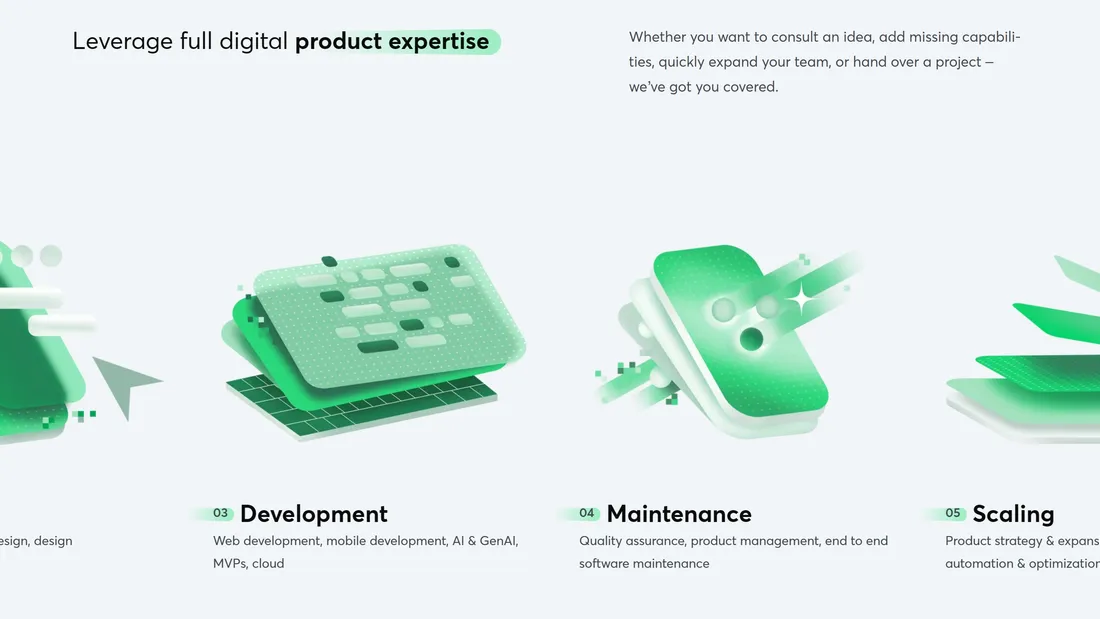 Секция «Услуги» с сайта https://www.netguru.com/, тематика — IT и программное обеспечение, цвета — Белый, стиль — Полигональный, типографика — Без засечек