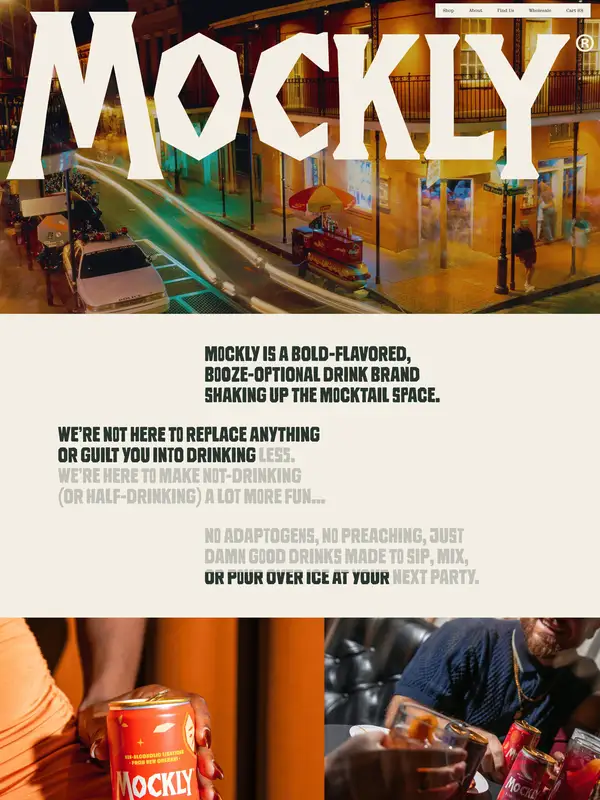 Страница о компании Drink Mockly, тематика — Еда и напитки, цвета — Белый, Черный, Серый, стиль — Фестивальный, Брутализм, типографика — Без засечек, Декоративные