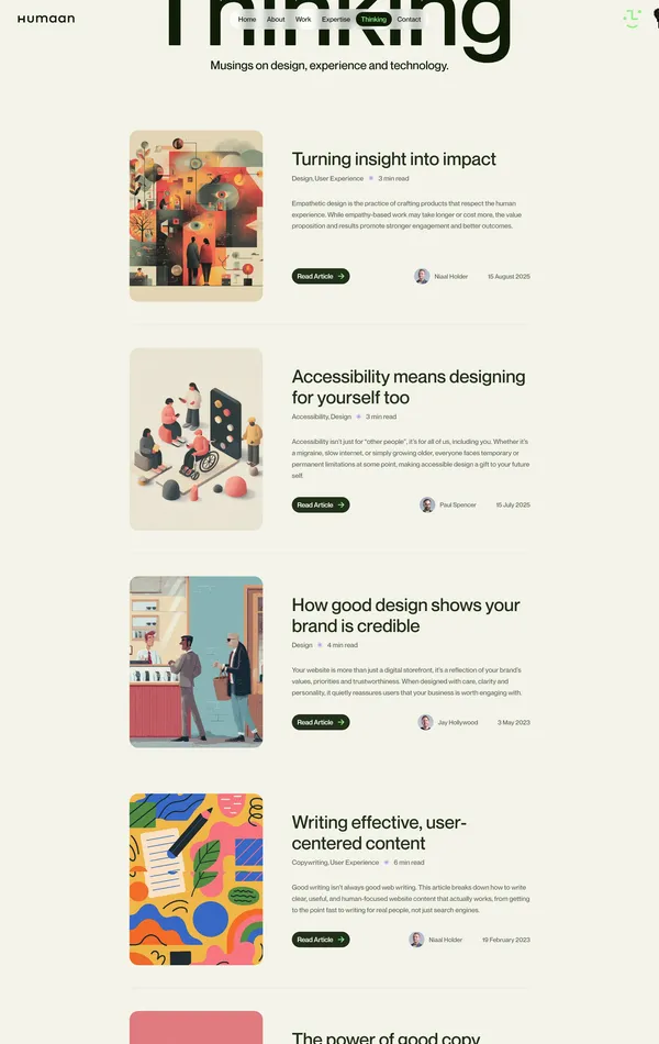 Блог Humaan, тематика — Дизайн, цвета — Белый, Серый, стиль — Корпоративный, типографика — Без засечек