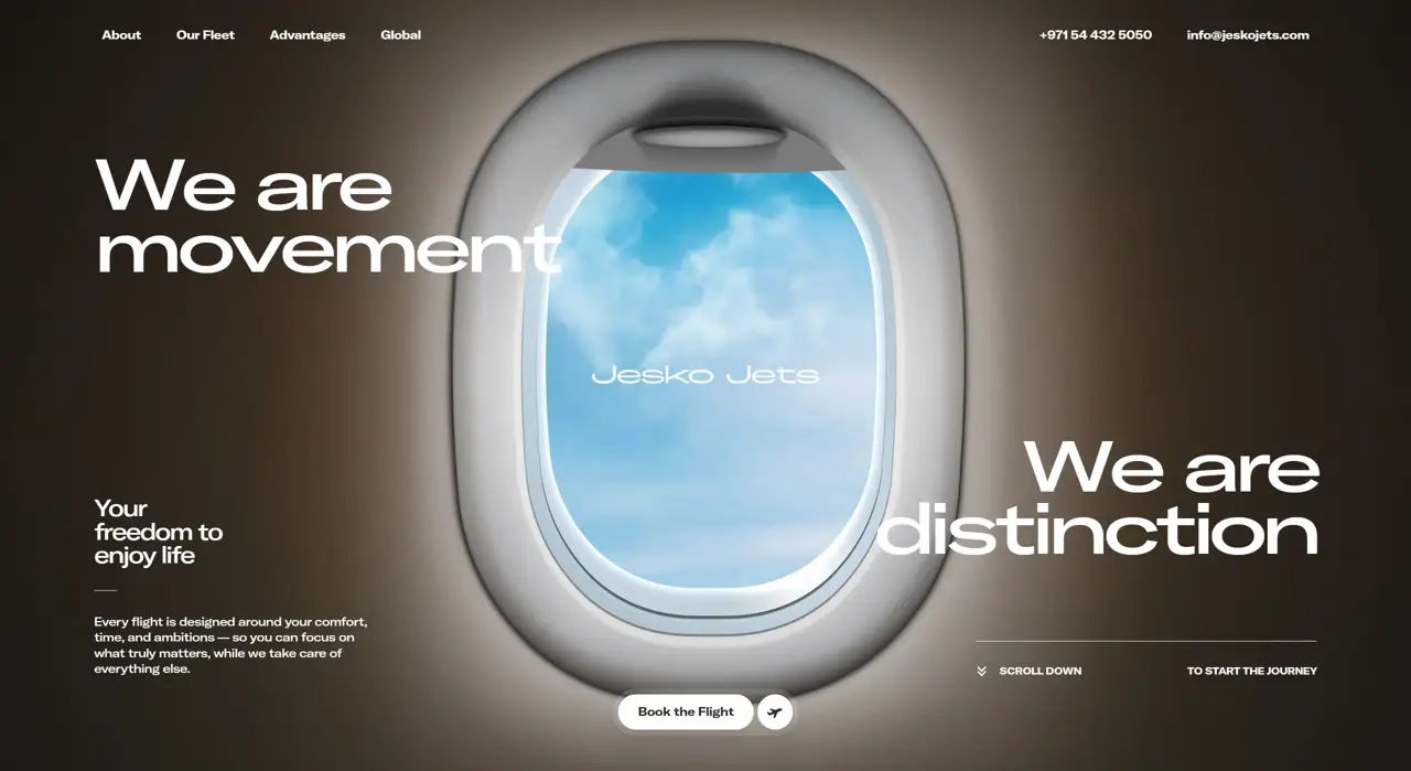 Секция «Первый экран» с сайта https://jeskojets.com/, тематика — Путешествия и туризм, цвета — Белый, Черный, Серый, стиль — Корпоративный, Минимализм, типографика — Без засечек, Декоративные