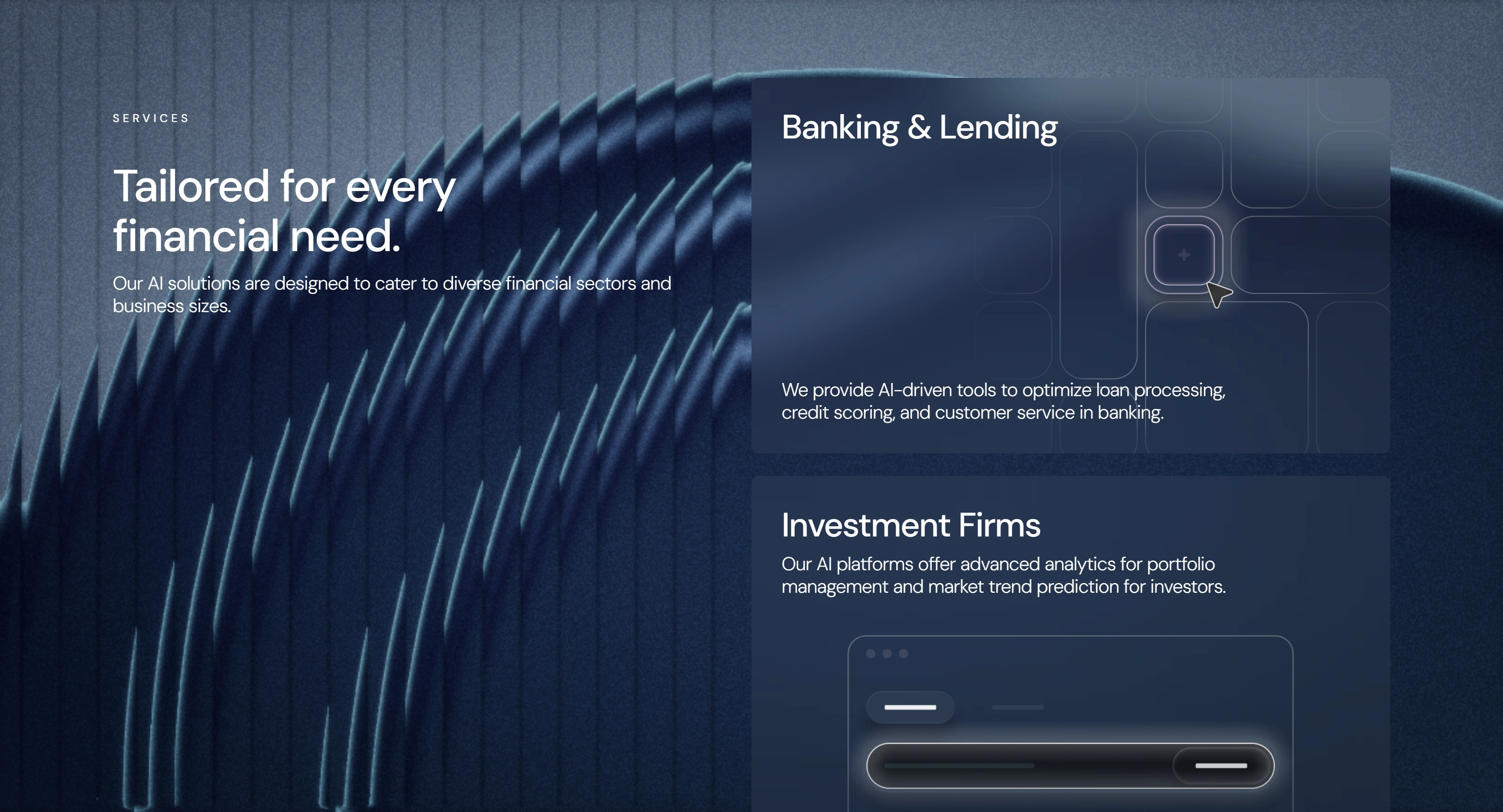 AI Finance Секция «Услуги» с сайта https://futureoffinance.peachweb.io/, тематика — Финансы, цвета — Черный, Серый, стиль — Корпоративный, Карточный, типографика — Без засечек