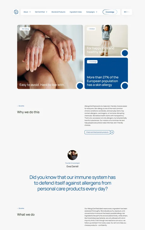 Страница о компании Allergy Certified, тематика — Здоровье и фитнес, цвета — Белый, Серый, стиль — Корпоративный, типографика — Без засечек