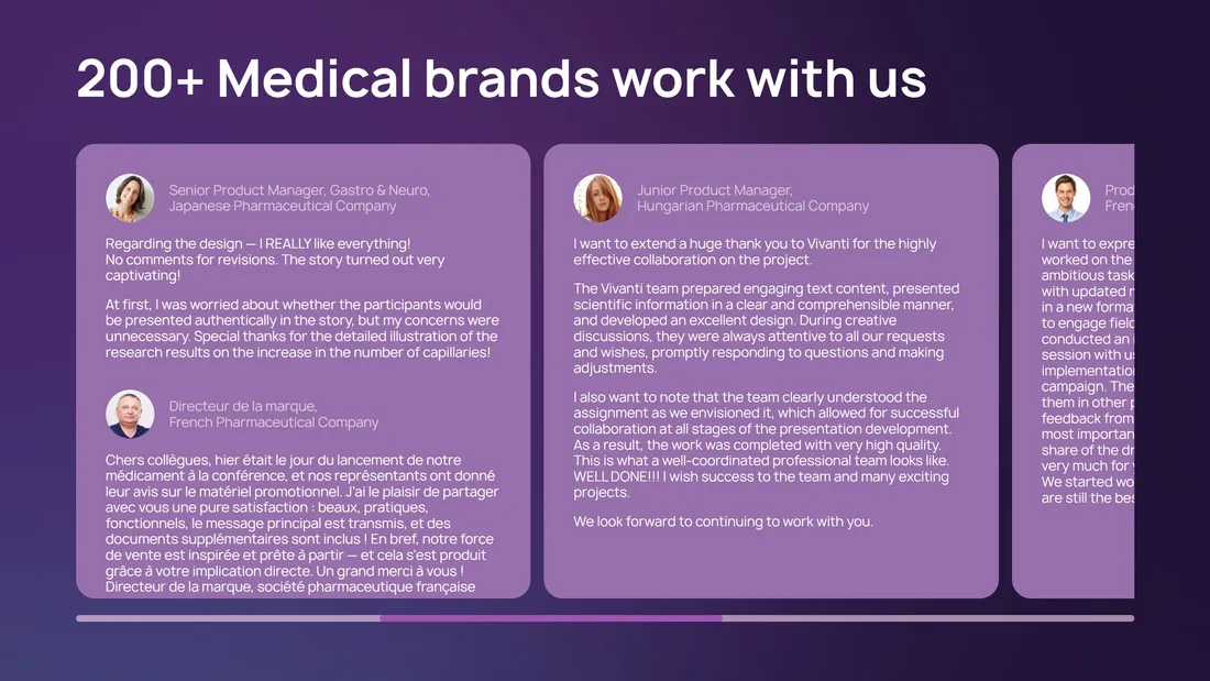 Секция «Отзывы» с сайта https://vivanti.eu/, тематика — Бизнес и профессиональные услуги, Агентство , цвета — Черный, Серый, стиль — Корпоративный, Минимализм, типографика — Без засечек