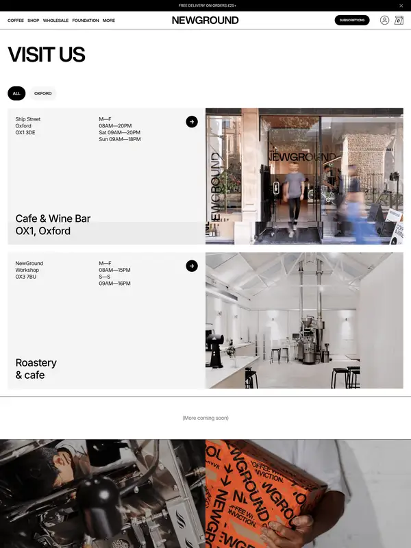 Контакты NewGround Coffee, тематика — Еда и напитки, цвета — Белый, Черный, Серый, стиль — Карточный, Минимализм, типографика — Без засечек