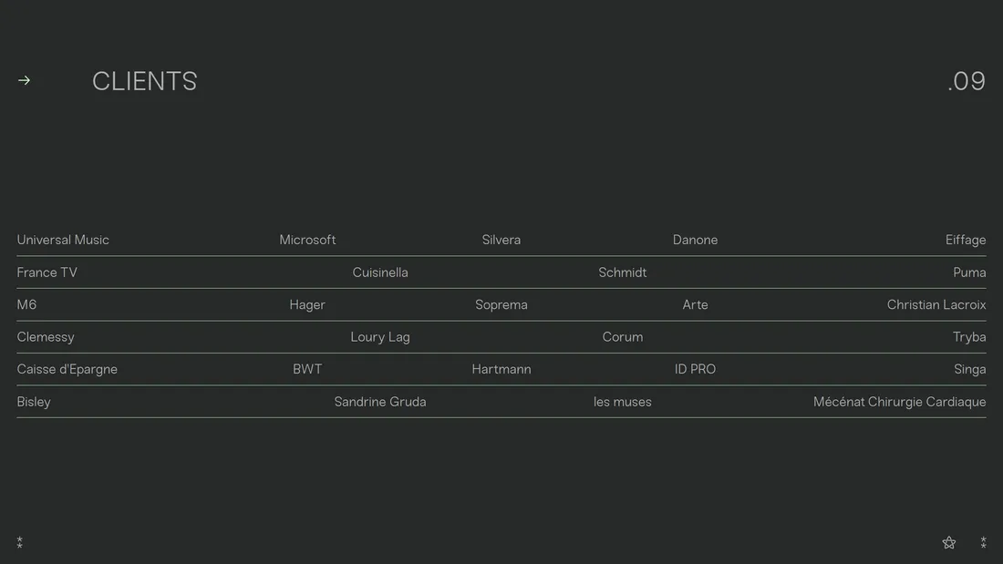 Секция «Партнеры» с сайта https://matter-of-mind.fr/fr/, тематика — Агентство , цвета — Черный, стиль — Минимализм, типографика — Без засечек