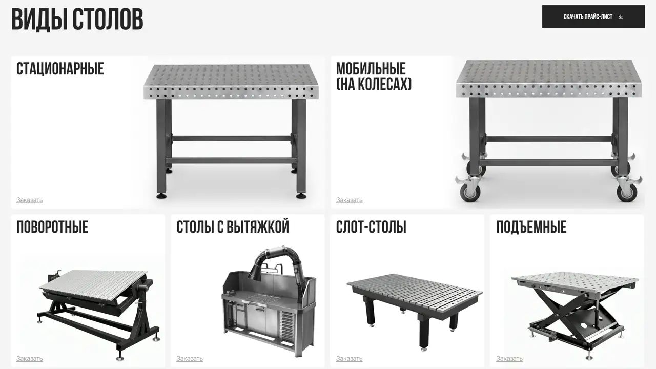 Секция «Товары» с сайта https://svar-stol.ru/, тематика — Интернет-магазин, цвета — Белый, Серый, стиль — Корпоративный, Карточный, Минимализм, типографика — Без засечек