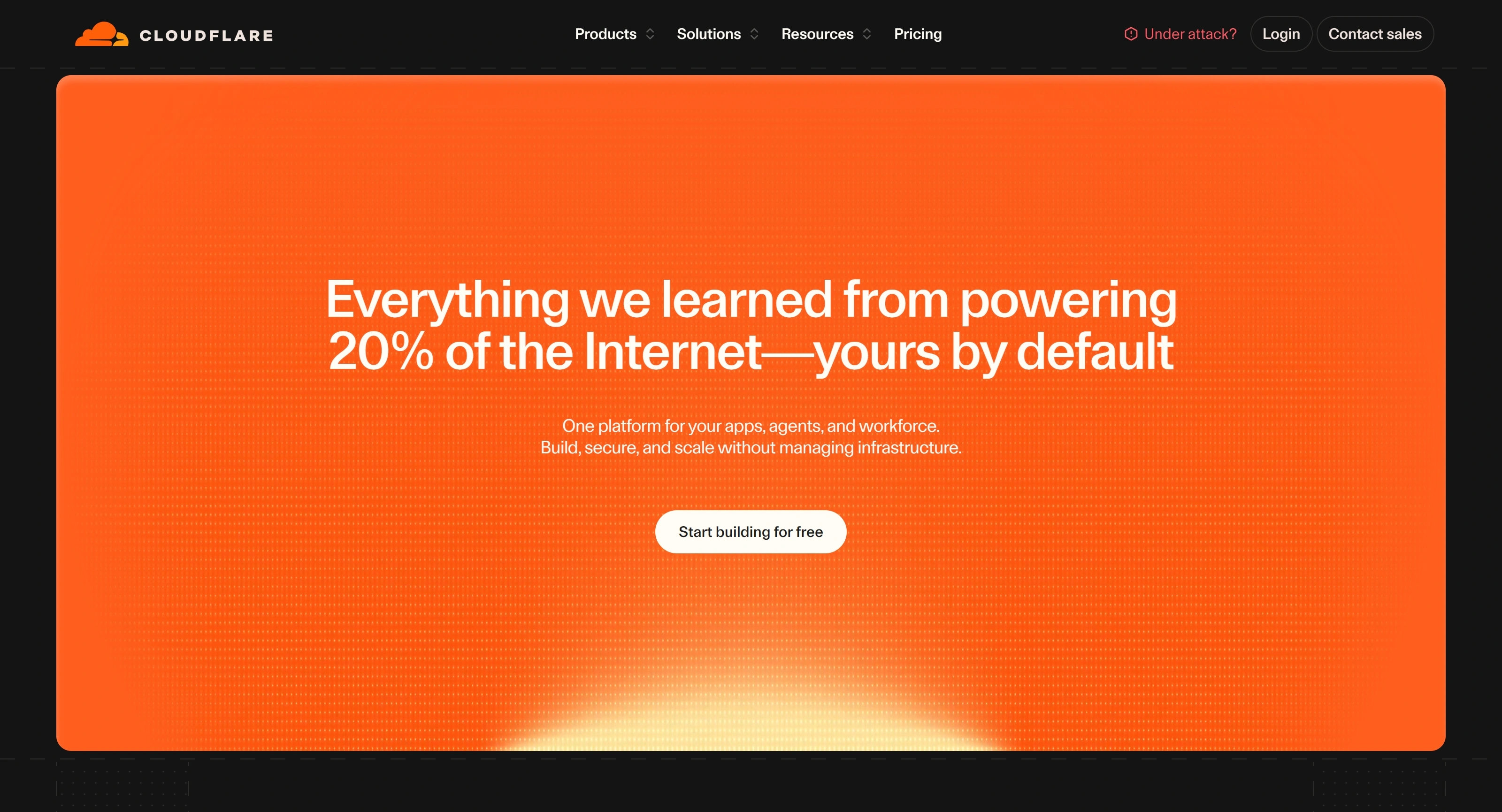 Cloudflare Секция «Первый экран» с сайта https://www.cloudflare.com/, тематика — IT и программное обеспечение, цвета — Черный, Красный, стиль — Корпоративный, Минимализм, типографика — Без засечек