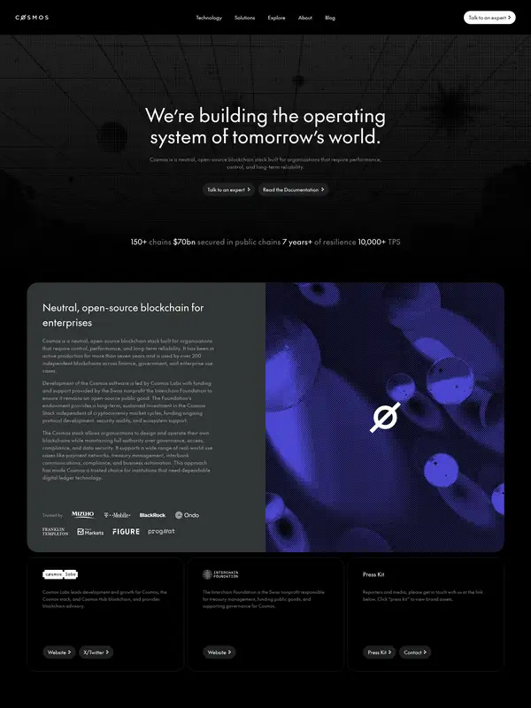Страница о компании Cosmos, тематика — Крипто  и блокчейн, цвета — Черный, стиль — Корпоративный, Минимализм, типографика — Без засечек