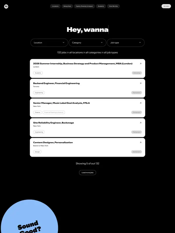 Страница карьеры Spotify, тематика — Музыка, цвета — Белый, Черный, стиль — Карточный, Минимализм, типографика — Без засечек
