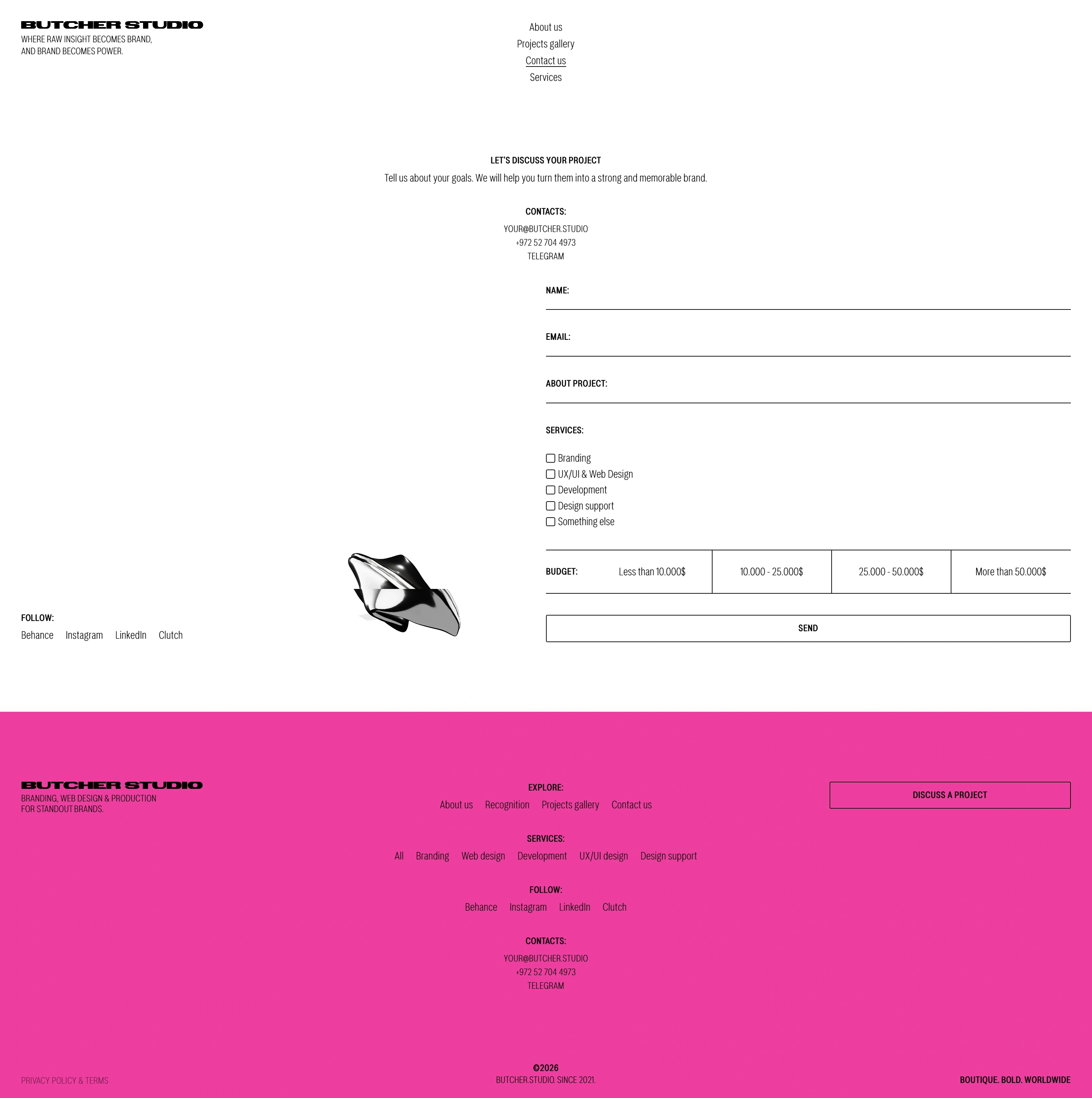 Butcher.studio Лендинг Butcher.studio, тематика — Дизайн, цвета — Белый, Розовый, стиль — Минимализм, Брутализм, типографика — Без засечек, Декоративные