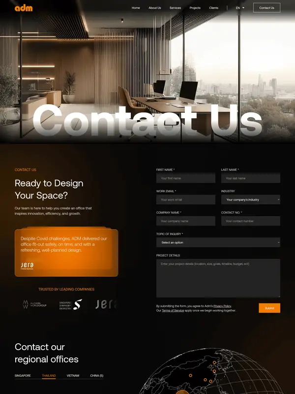 Контакты ADM Design and Build, тематика — Дизайн, цвета — Черный, Коричневый, стиль — Корпоративный, Минимализм, типографика — Без засечек, Декоративные