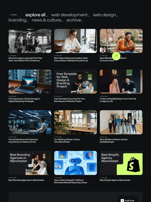 Блог MadeByShape, тематика — Агентство , цвета — Черный, Серый, стиль — Карточный, Минимализм, типографика — Без засечек