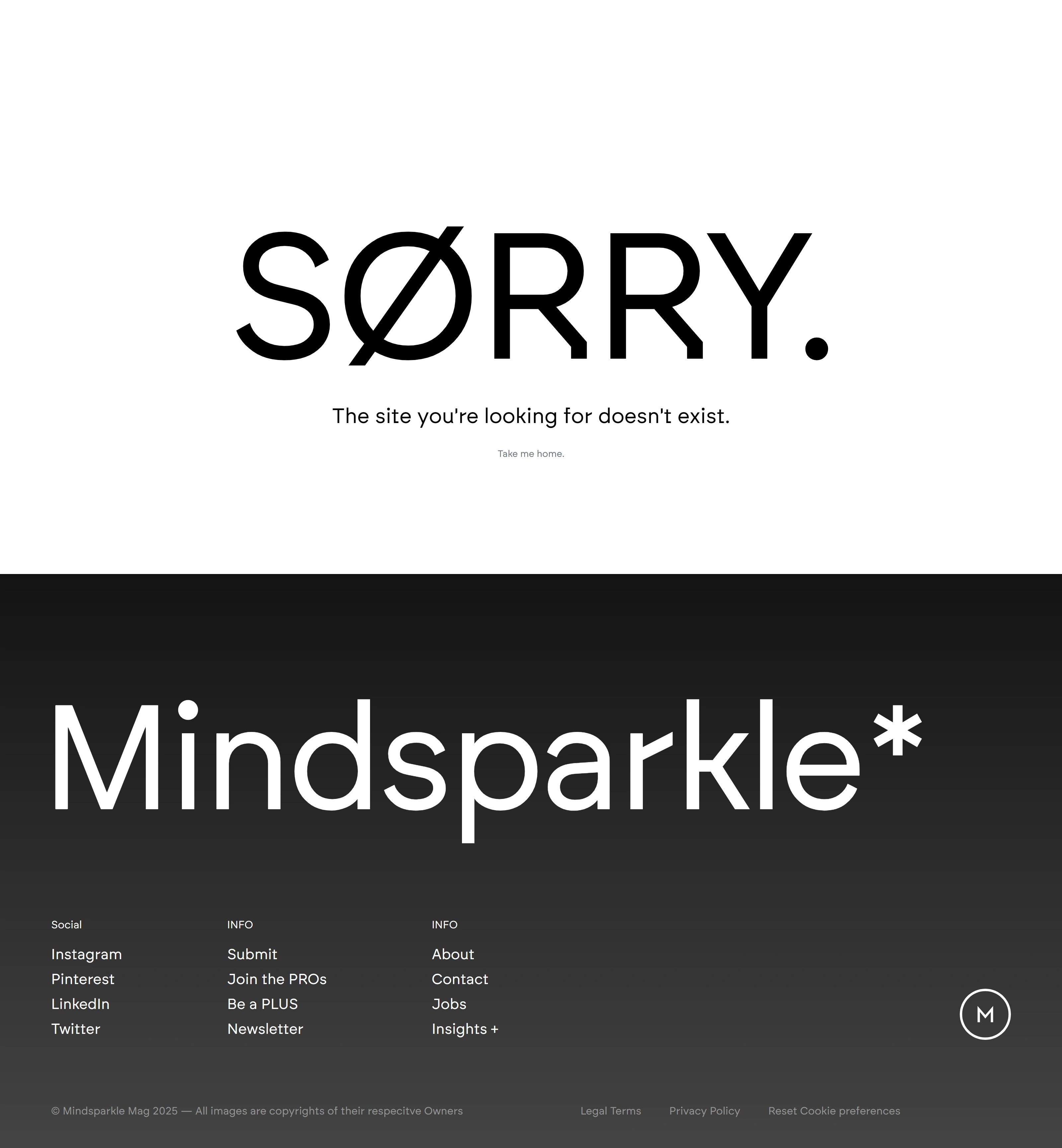 Mindsparkle Mag 404-страница Mindsparkle Mag, тематика — Дизайн, цвета — Черный, Серый, стиль — Корпоративный, Минимализм, типографика — Без засечек