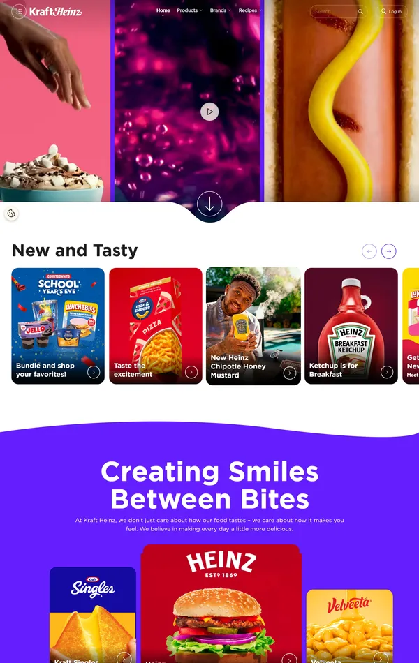 Главная Kraft Heinz, тематика — Еда и напитки, цвета — Белый, Серый, Фиолетовый, стиль — Корпоративный, типографика — Без засечек