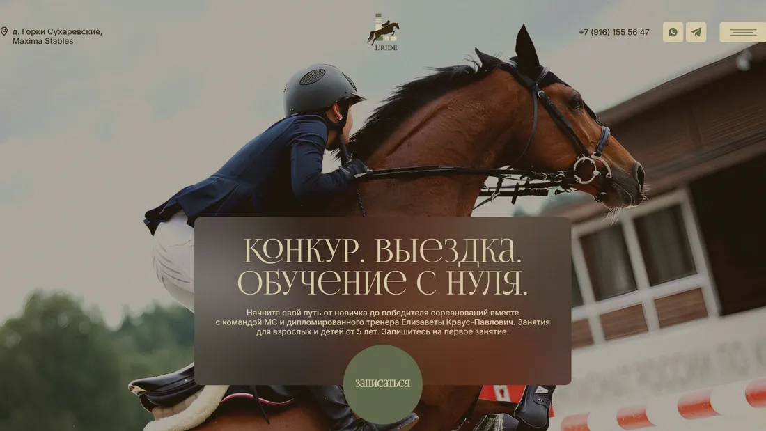 Секция «Первый экран» с сайта https://lride.ru/, тематика — Образование, цвета — Черный, Серый, Коричневый, типографика — С засечками, Без засечек