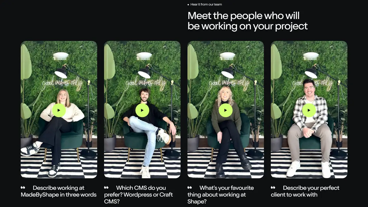 Секция «Команда» с сайта https://madebyshape.co.uk/, тематика — Агентство , цвета — Черный, Серый, Зеленый, стиль — Карточный, Органический и природный, типографика — Без засечек, Декоративные