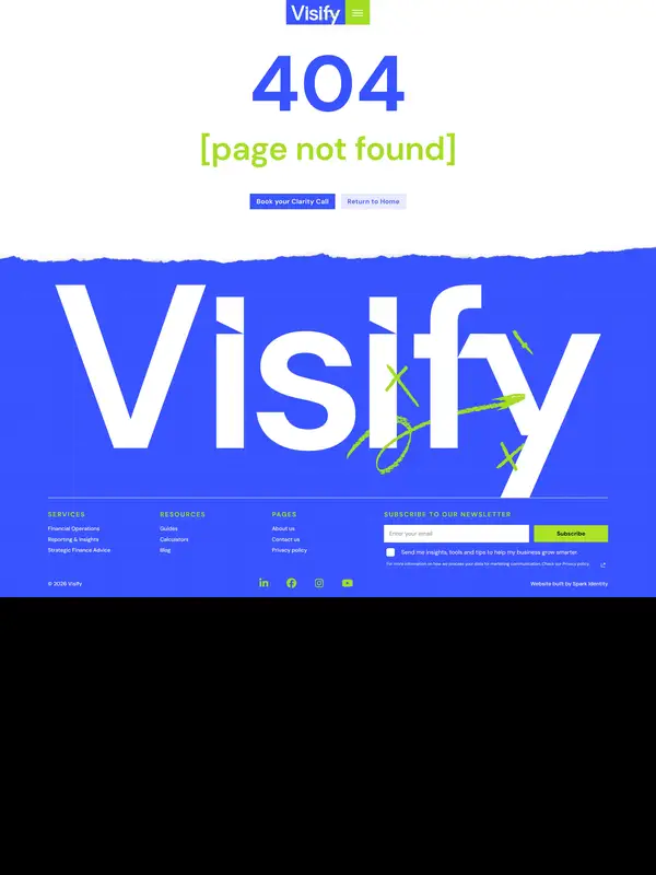 404-страница Visify, тематика — Бизнес и профессиональные услуги, цвета — Белый, Синий, Фиолетовый, стиль — Корпоративный, Брутализм, типографика — Без засечек, Декоративные