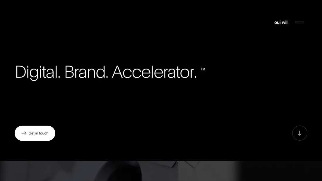 Секция «Первый экран» с сайта https://www.ouiwill.com/, тематика — Агентство , цвета — Черный, стиль — Минимализм, типографика — Без засечек