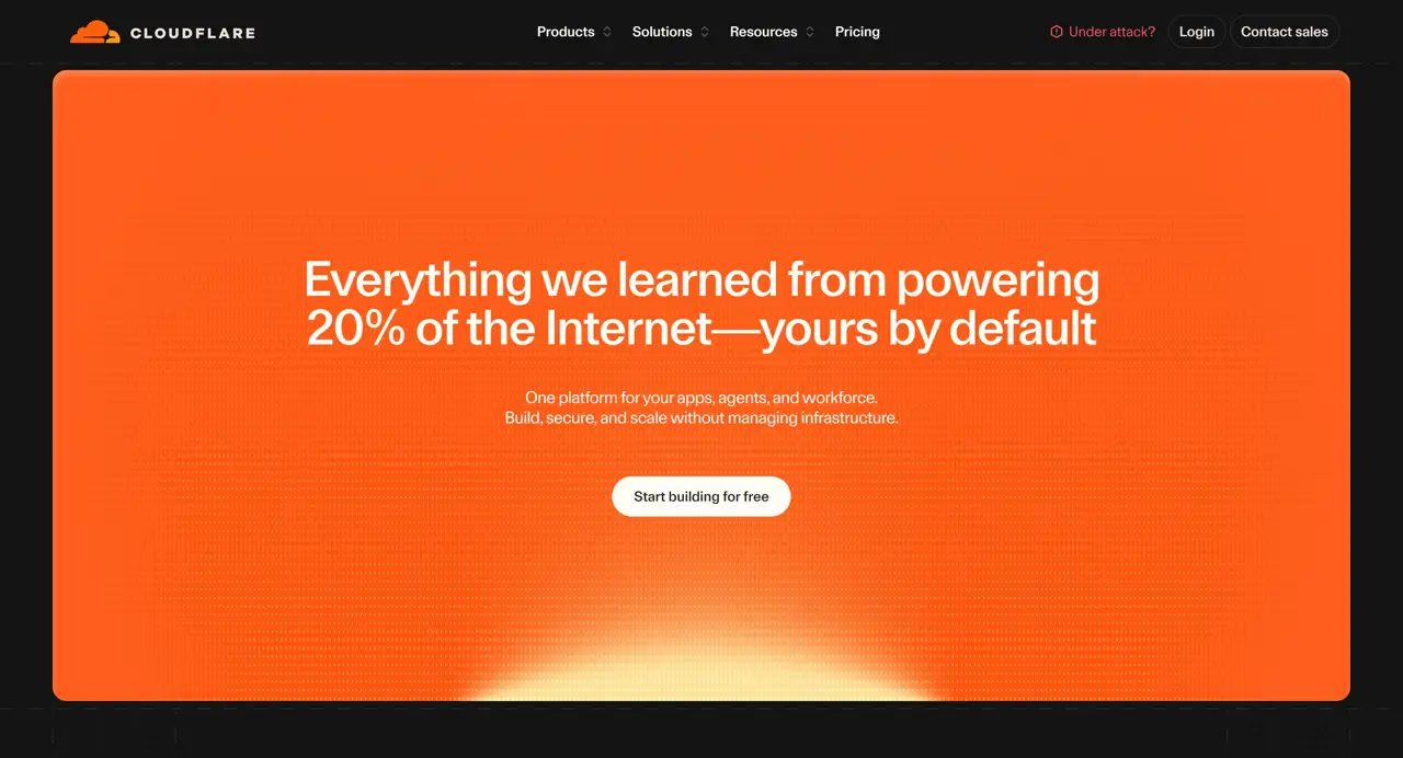 Секция «Первый экран» с сайта https://www.cloudflare.com/, тематика — IT и программное обеспечение, цвета — Черный, Красный, стиль — Корпоративный, Минимализм, типографика — Без засечек