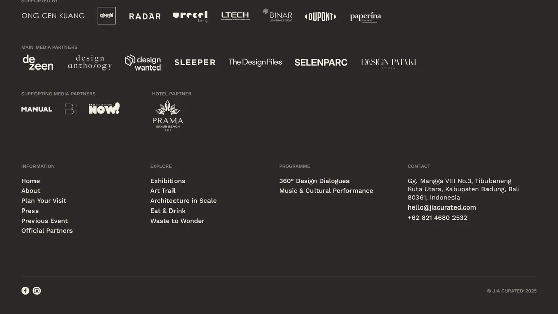 Секция «Футер» с сайта https://www.jiacurated.com/, тематика — Мероприятия, цвета — Черный, стиль — Минимализм, типографика — Без засечек