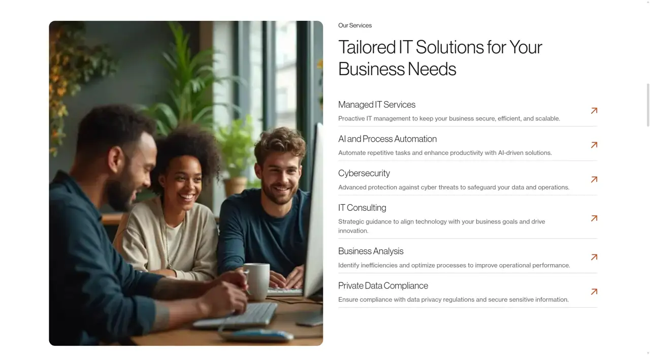 Секция «Услуги» с сайта https://nexxo.tech/en/, тематика — IT и программное обеспечение, цвета — Белый, Черный, Серый, стиль — Корпоративный, Минимализм, типографика — Без засечек