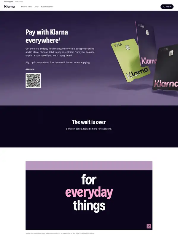 Многостраничный сайт Klarna, тематика — Интернет-магазин, SaaS, цвета — Белый, Черный, Серый, стиль — Корпоративный, Минимализм, типографика — Без засечек