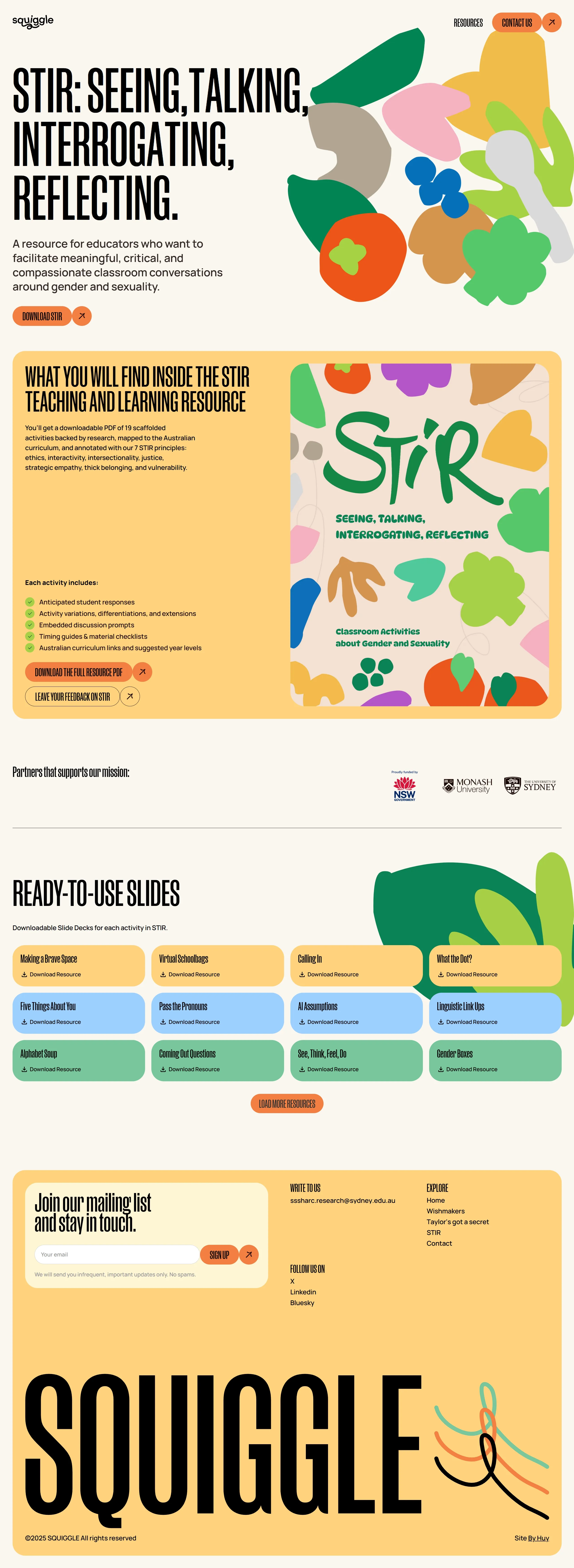 Страница о компании SQUIGGLE, тематика — Образование, цвета — Белый, Серый, Желтый, стиль — Типографика, типографика — Без засечек, Рукописные