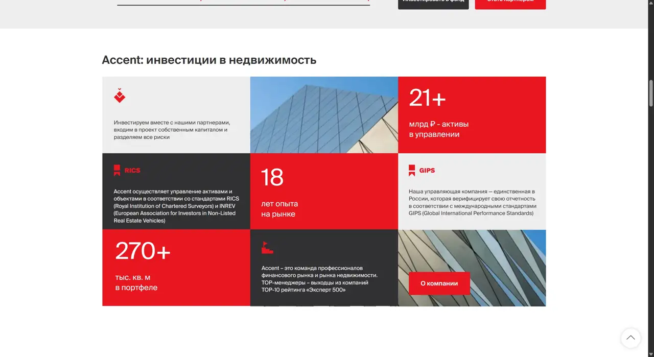 Секция «О компании» с сайта https://accent.ru/, тематика — Недвижимость, цвета — Белый, Серый, Красный, стиль — Корпоративный, Карточный, типографика — Без засечек