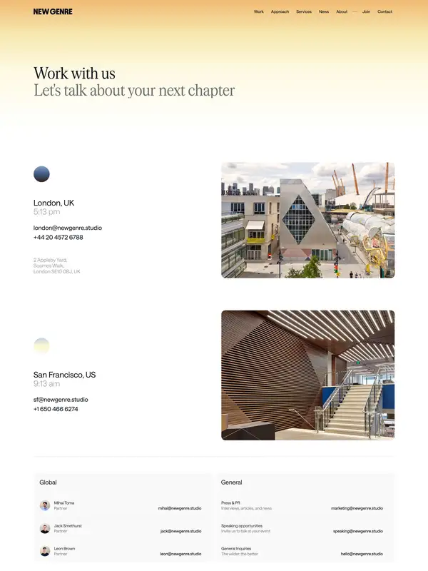 Контакты New Genre, тематика — Дизайн, цвета — Белый, Серый, стиль — Корпоративный, Минимализм, типографика — Без засечек