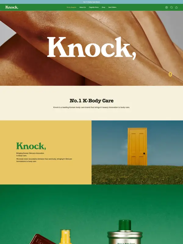 Главная Knock, тематика — Интернет-магазин, Красота, цвета — Белый, Серый, Зеленый, стиль — Минимализм, Органический и природный, типографика — Без засечек, Декоративные