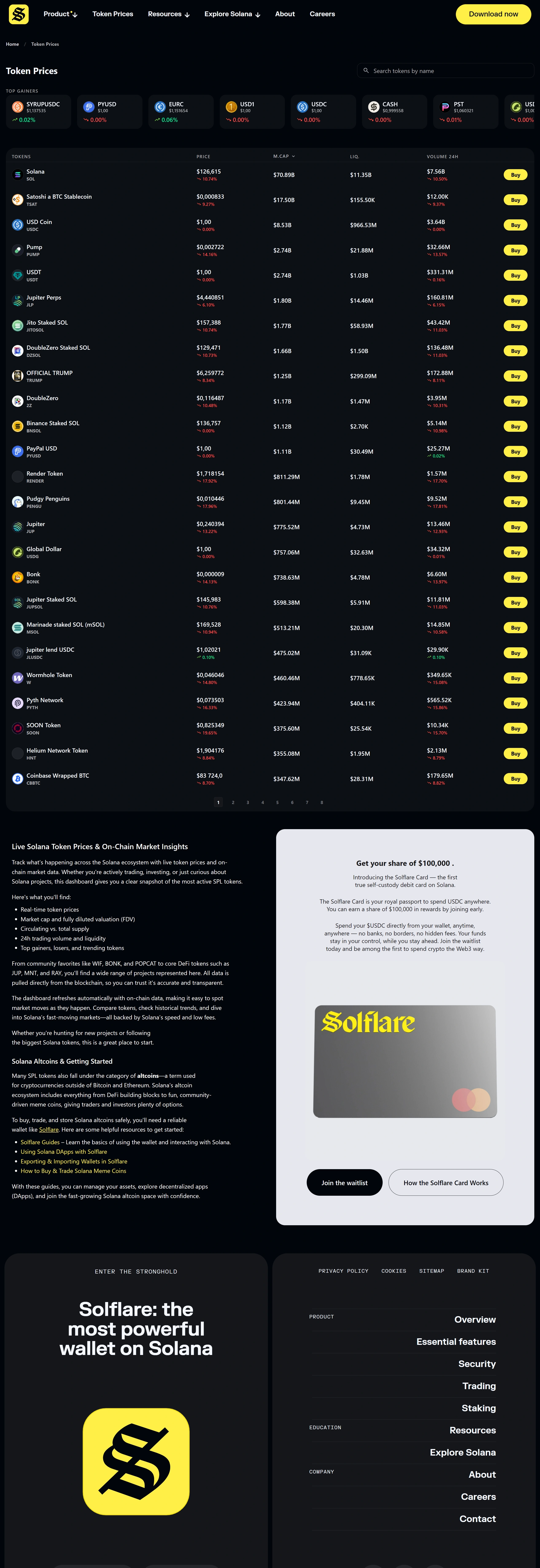 Многостраничный сайт Solflare, тематика — Крипто  и блокчейн, цвета — Черный, стиль — Корпоративный, типографика — Без засечек