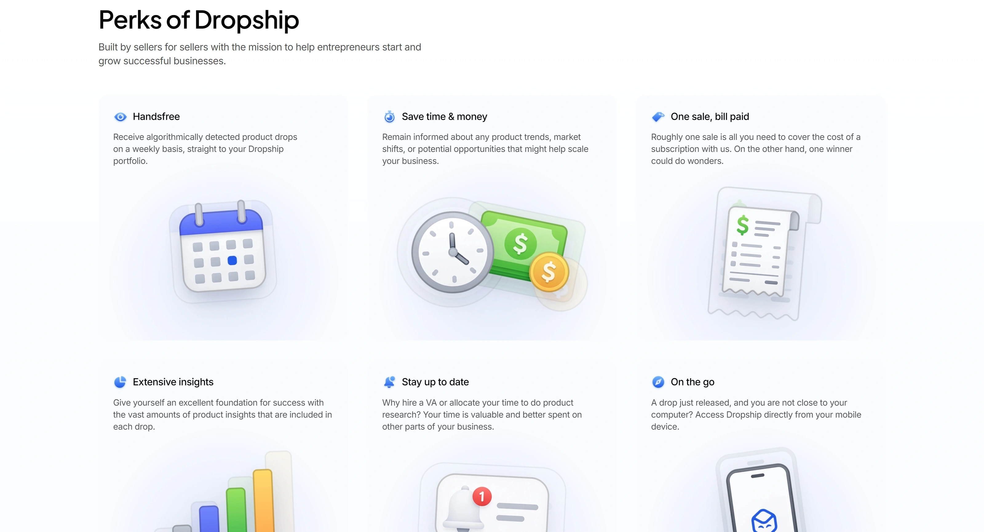 Dropship Секция «Преимущества» с сайта https://www.dropship.io/, тематика — Интернет-магазин, цвета — Белый, стиль — Плоский, Минимализм, типографика — Без засечек