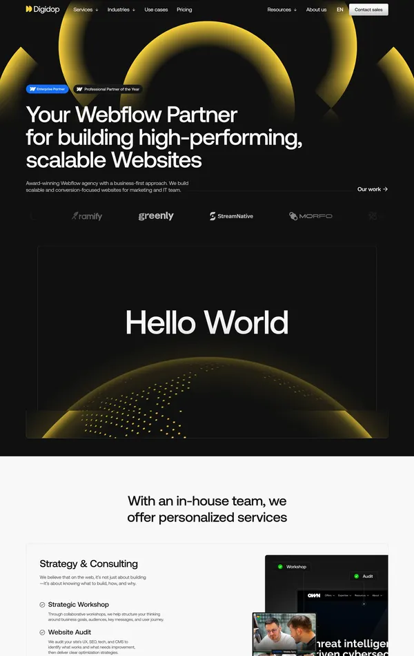 Главная Digidop, тематика — Бизнес и профессиональные услуги, Агентство , цвета — Белый, Черный, стиль — Корпоративный, Минимализм, типографика — Без засечек
