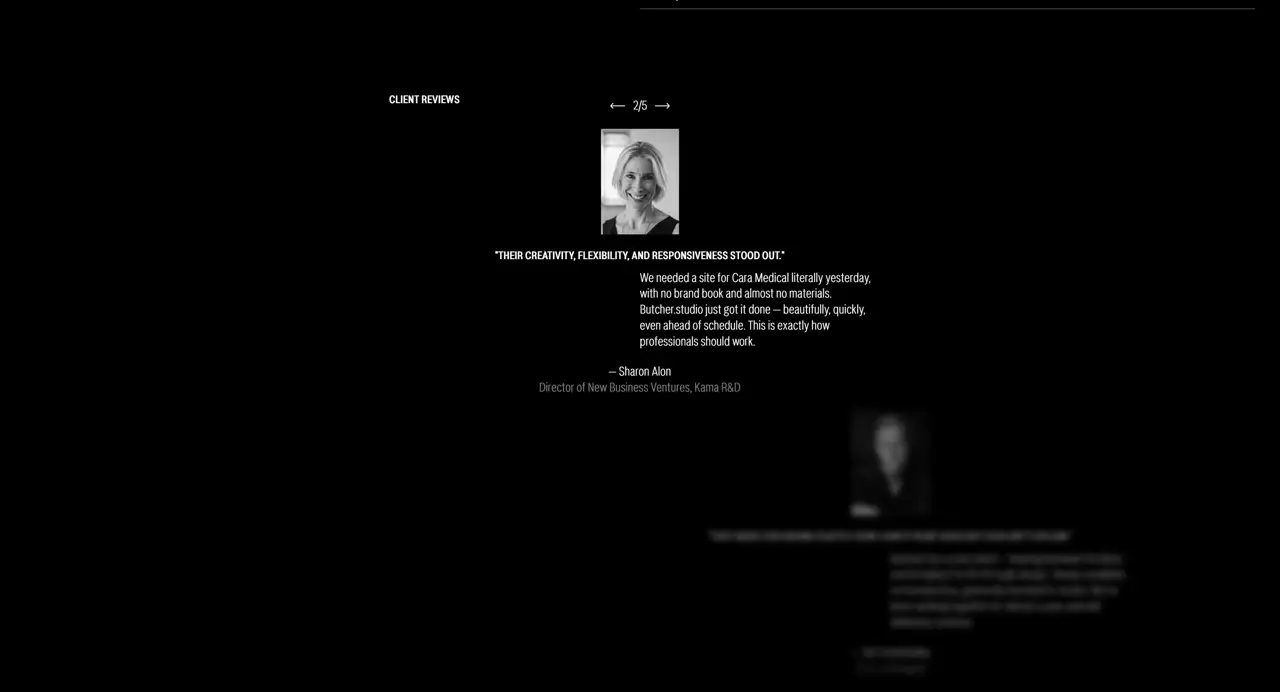 Секция «Отзывы» с сайта https://www.butcher.studio/, тематика — Дизайн, цвета — Черный, стиль — Корпоративный, Минимализм, типографика — Без засечек