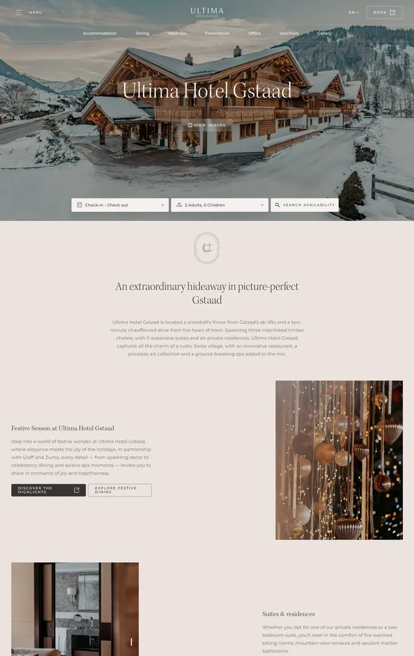 Главная Ultima Hotel, тематика — Путешествия и туризм, цвета — Белый, Серый, стиль — Корпоративный, типографика — Без засечек