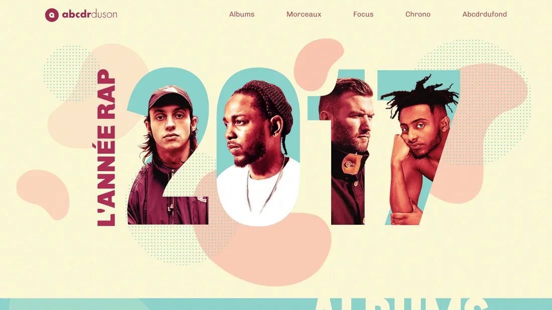 Секция «Первый экран» с сайта https://www.abcdrduson.com/annee-rap-2017/, тематика — Музыка, цвета — Белый, стиль — Типографика, типографика — Без засечек